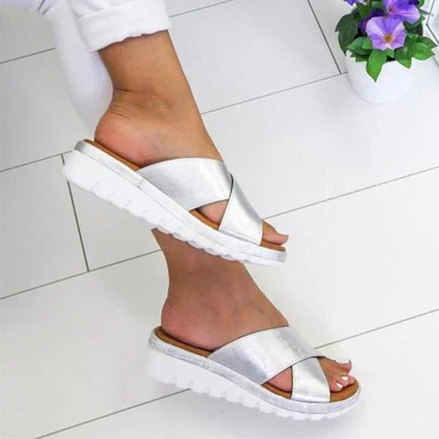 Elegant Platform Sandals for Women with Metallic Cross Strap Slip On Open Toe Orthopedic Wedge Style
